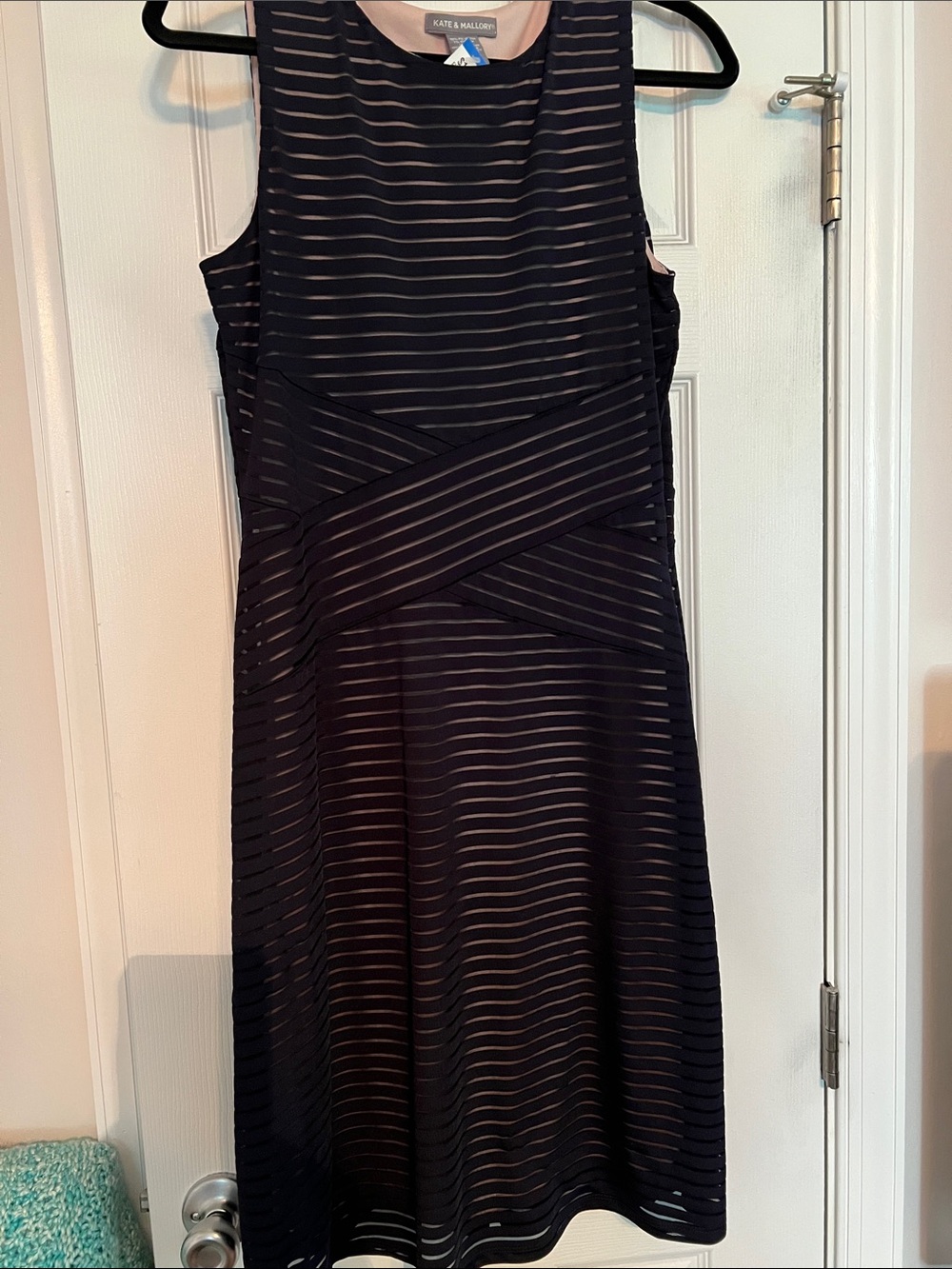 Kate & Mallory Navy Striped Sleeveless Dress with Crisscross Waist, Fully Lined